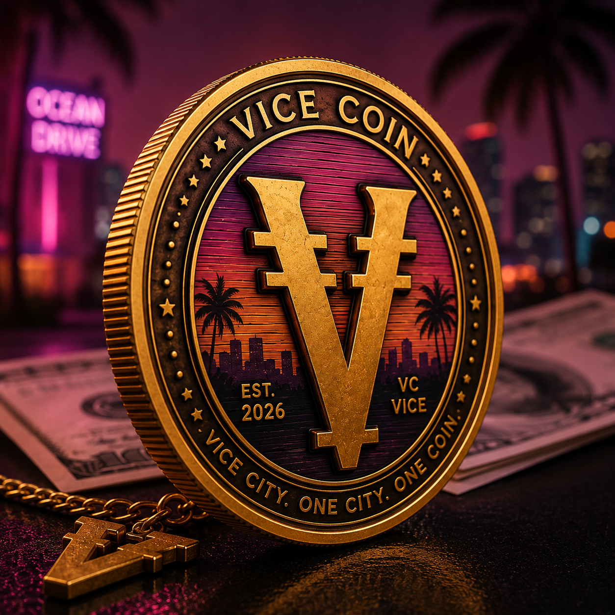 Angled Vice Coin with a gold V pendant